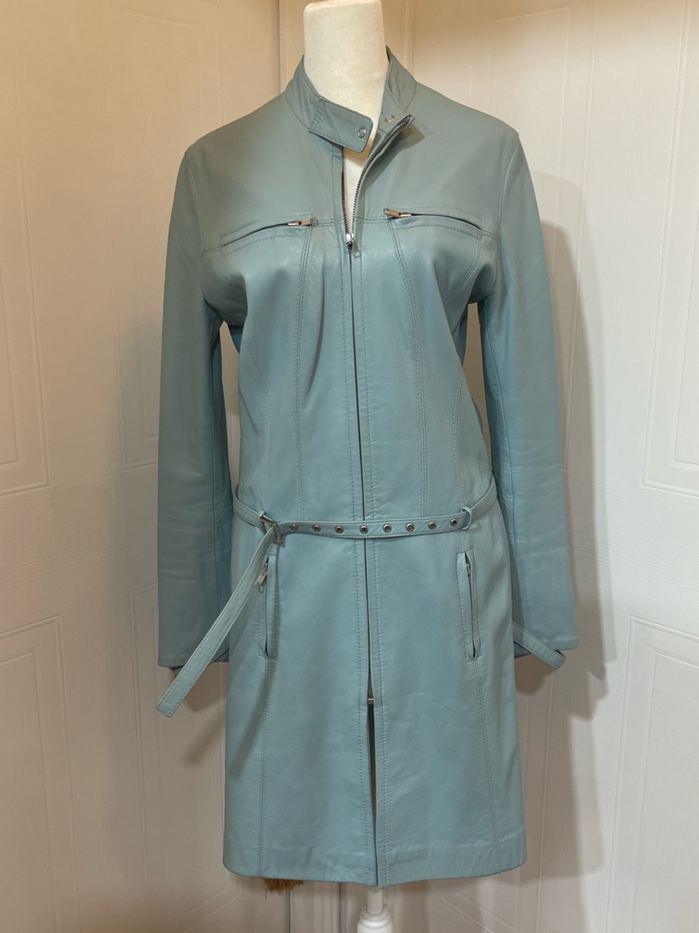 European Light Teal woman soft  Leather Long Coat with Belt - Women